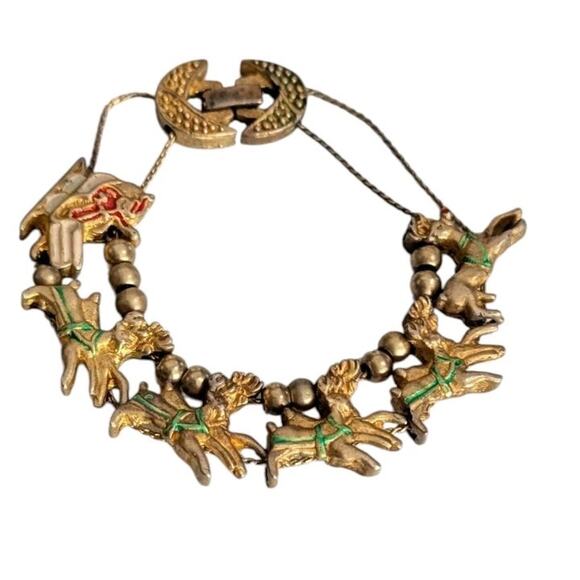 VTG Medici Two Sisters Slide Charm Bracelet Christmas Santa Reindeer Gold Tone - Picture 4 of 7